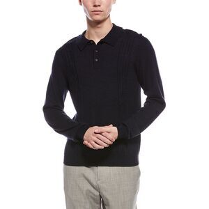 Bruno Magli Mens  Cable Front Merino Wool Polo Sweater, Navy